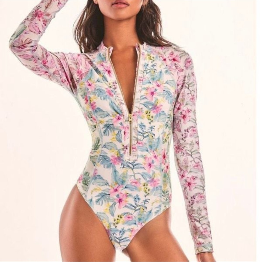 Hurley x LoveShackFancy Max Hawaiian Hibiscus Long Sleeve One piece Bodysuit - Picture 3 of 16